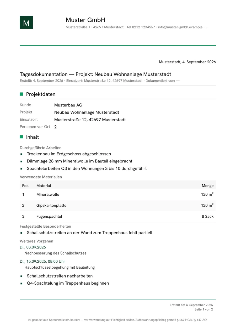 Tagesdokumentation von Diktura als PDF: Projektdaten, durchgeführte Arbeiten, Materialtabelle, Besonderheiten und weiteres Vorgehen